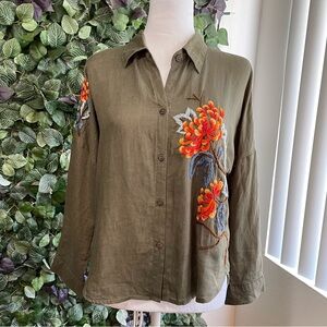 Women’s Embroidered Colorful Flowers Button Shirt Dark Green Long Sleeves size S